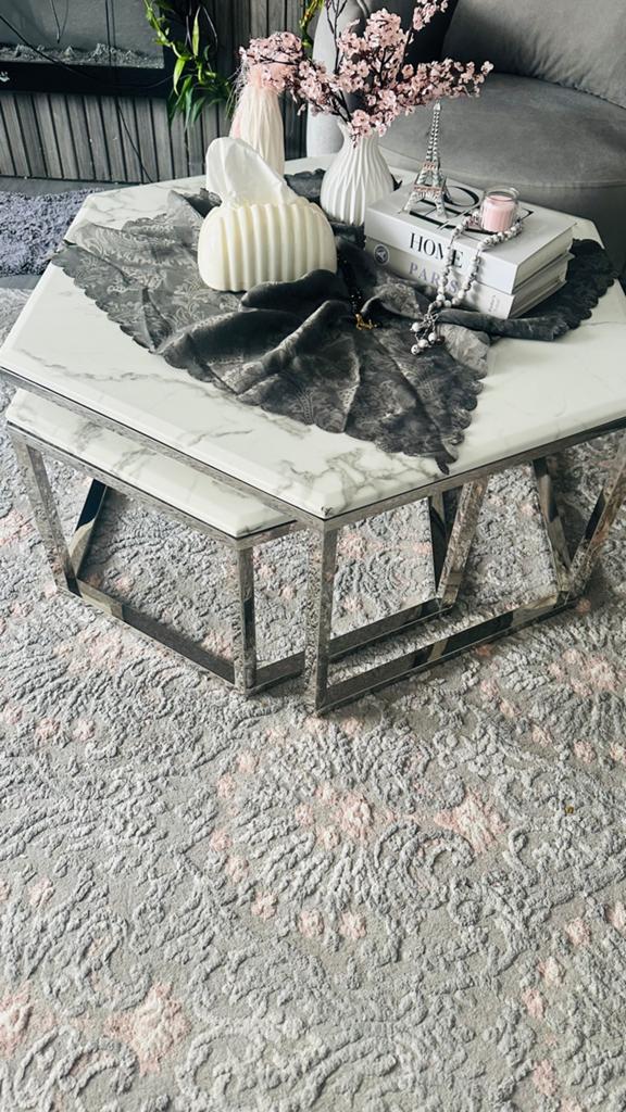 Set van 2 zeshoekige salontafels met marmerlook, Ophalen, 50 tot 100 cm, Zo goed als nieuw, Metaal