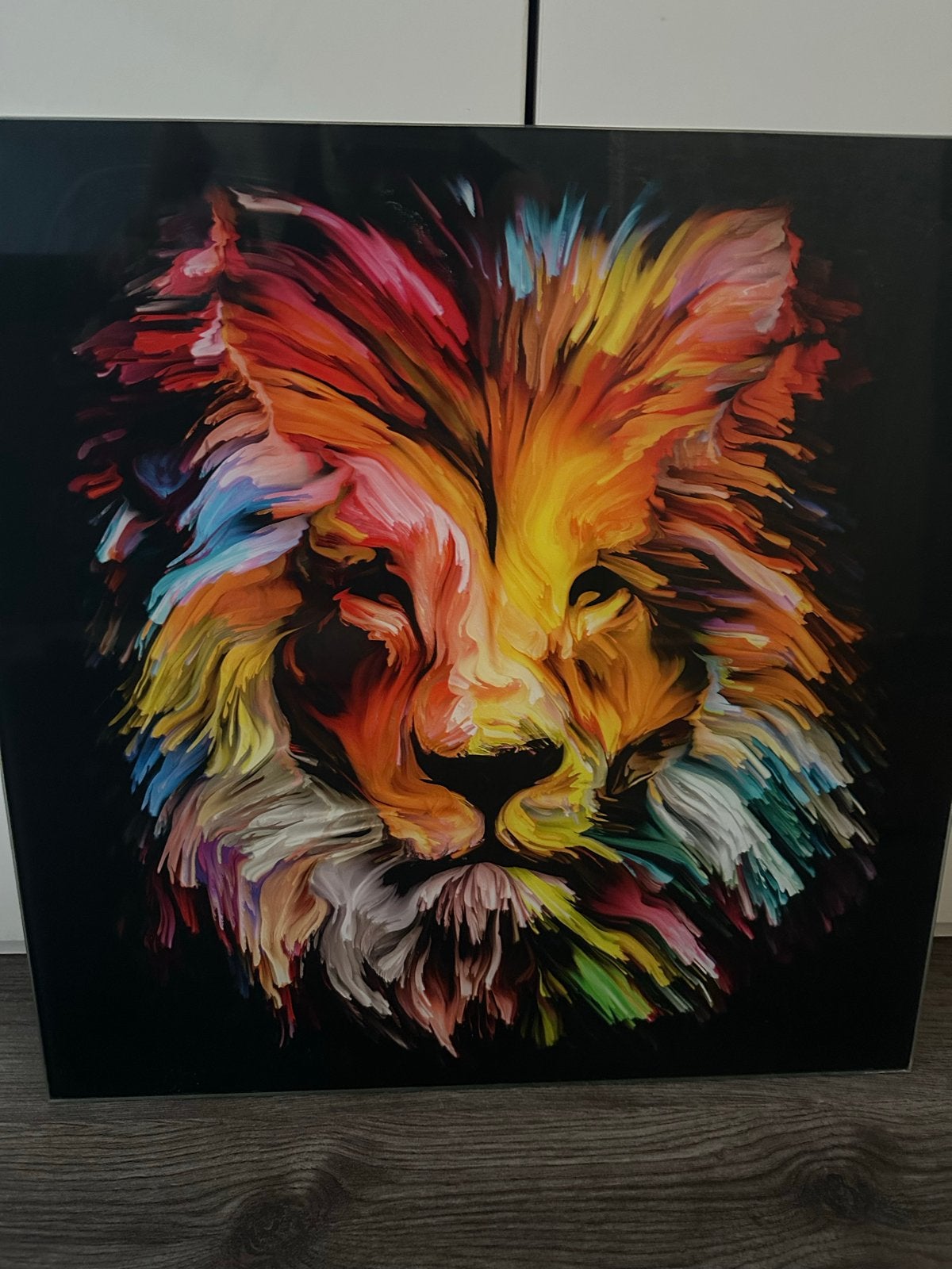 Glasschilderij 50x50 cm Kleurrijke Leeuw, Ophalen