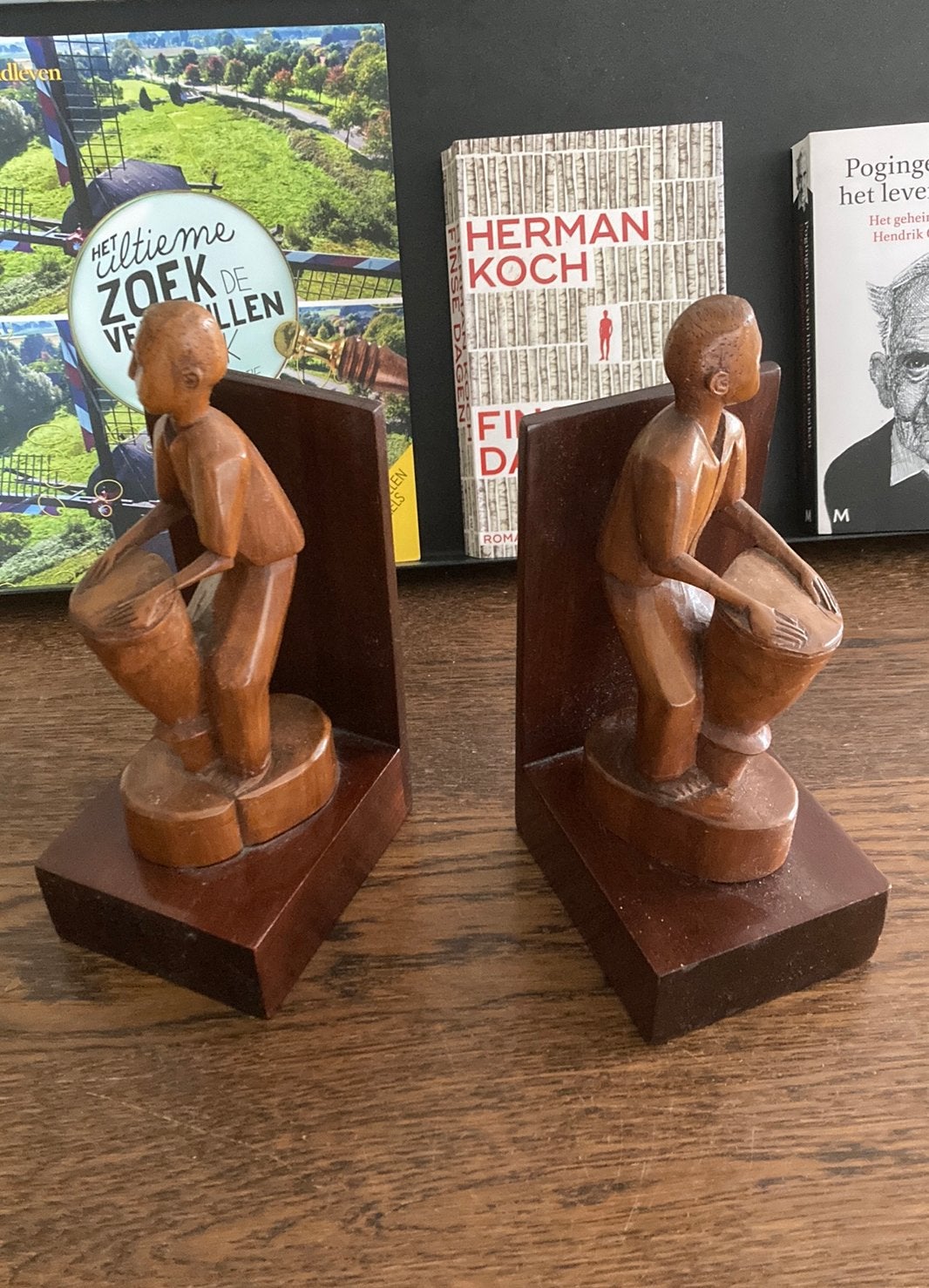 Handgesneden houten boekensteunen, Houtsnijwerk, Ophalen of Verzenden, Handgemaakt, 20 - 50 cm
