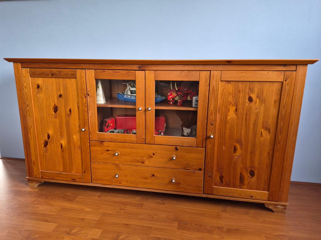 Kersenhouten dressoir met vitrinedeurtjes en lades, Huis en Inrichting, Ophalen, Glas, Gebruikt, Met deur(en)