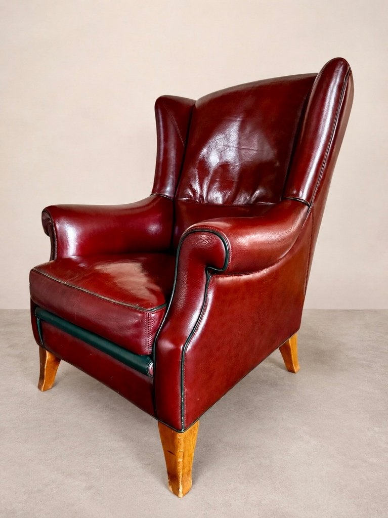 leren oorfauteuil / wingback met hocker – bordeaux, Ophalen, Minder dan 50 cm, Gebruikt, Minder dan 75 cm