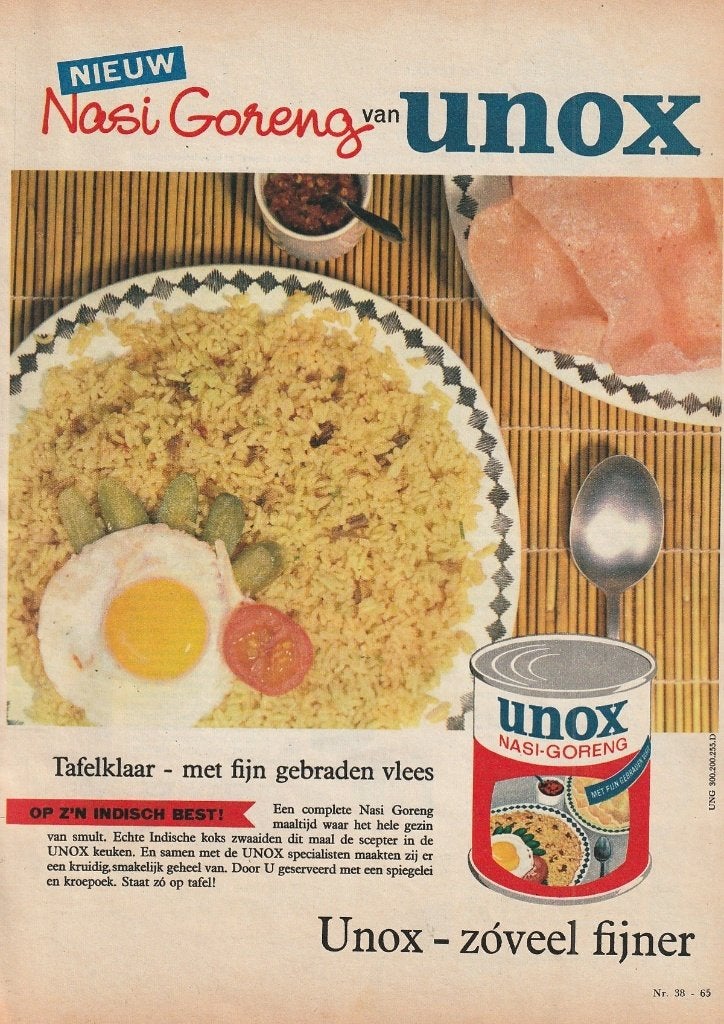 Retro reclame 1963 Unox nasi goreng met fijn vlees, Verzenden, Overige typen