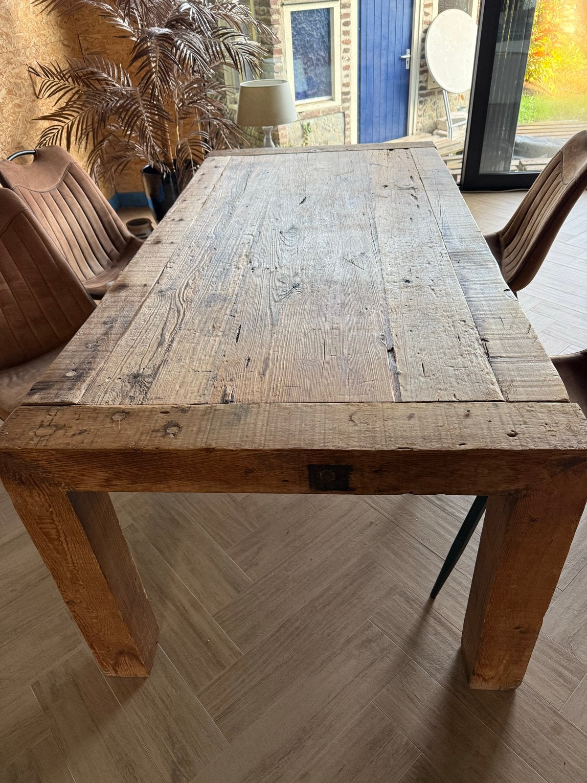 Massief oud teakhouten eettafel uit India (200x100cm), Ophalen, Gebruikt, Teakhout, 200 cm of meer