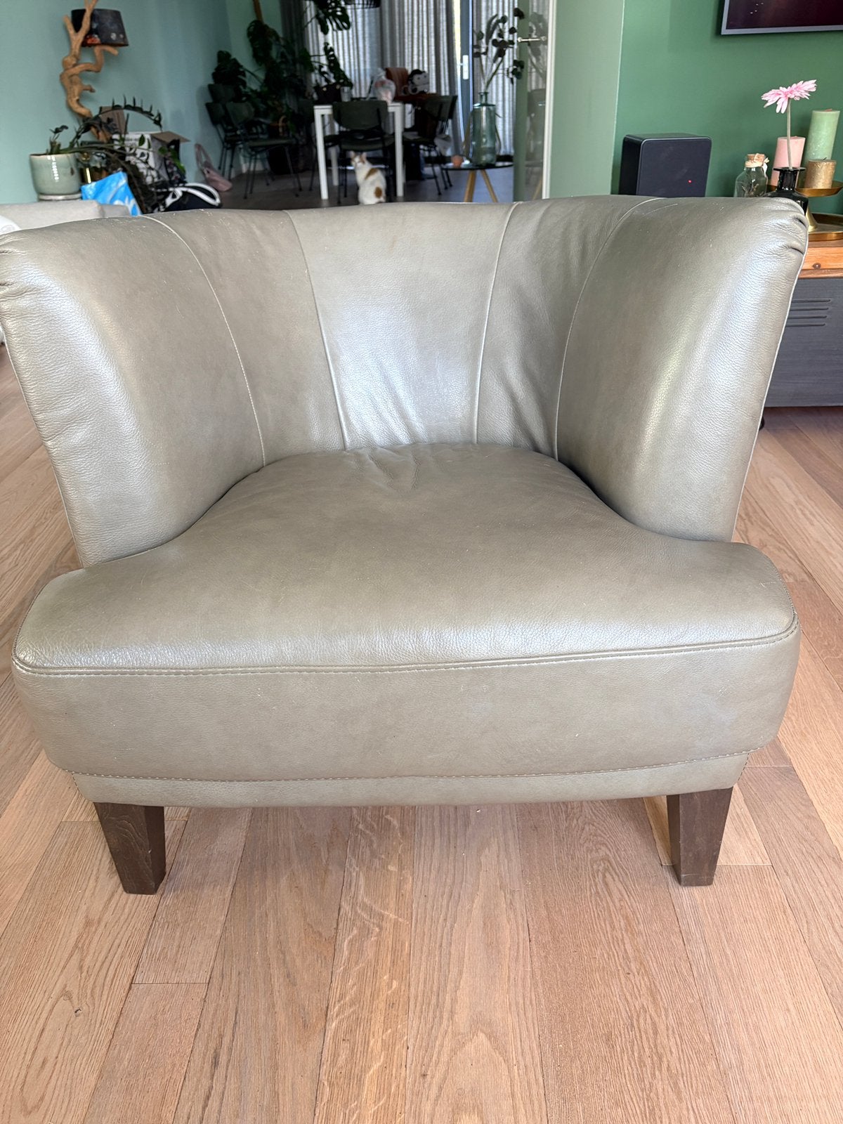 Fauteuil olijfgroen van Wulf Amsterdam, Huis en Inrichting, Ophalen, Gebruikt, 50 tot 75 cm, Leer