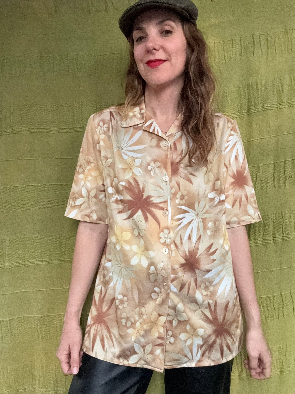 Vintage blouse - 80’s / 90’s - print - geel / bruin 38/M, Maat 38/40 (M), Hgv, Ophalen of Verzenden, Gedragen