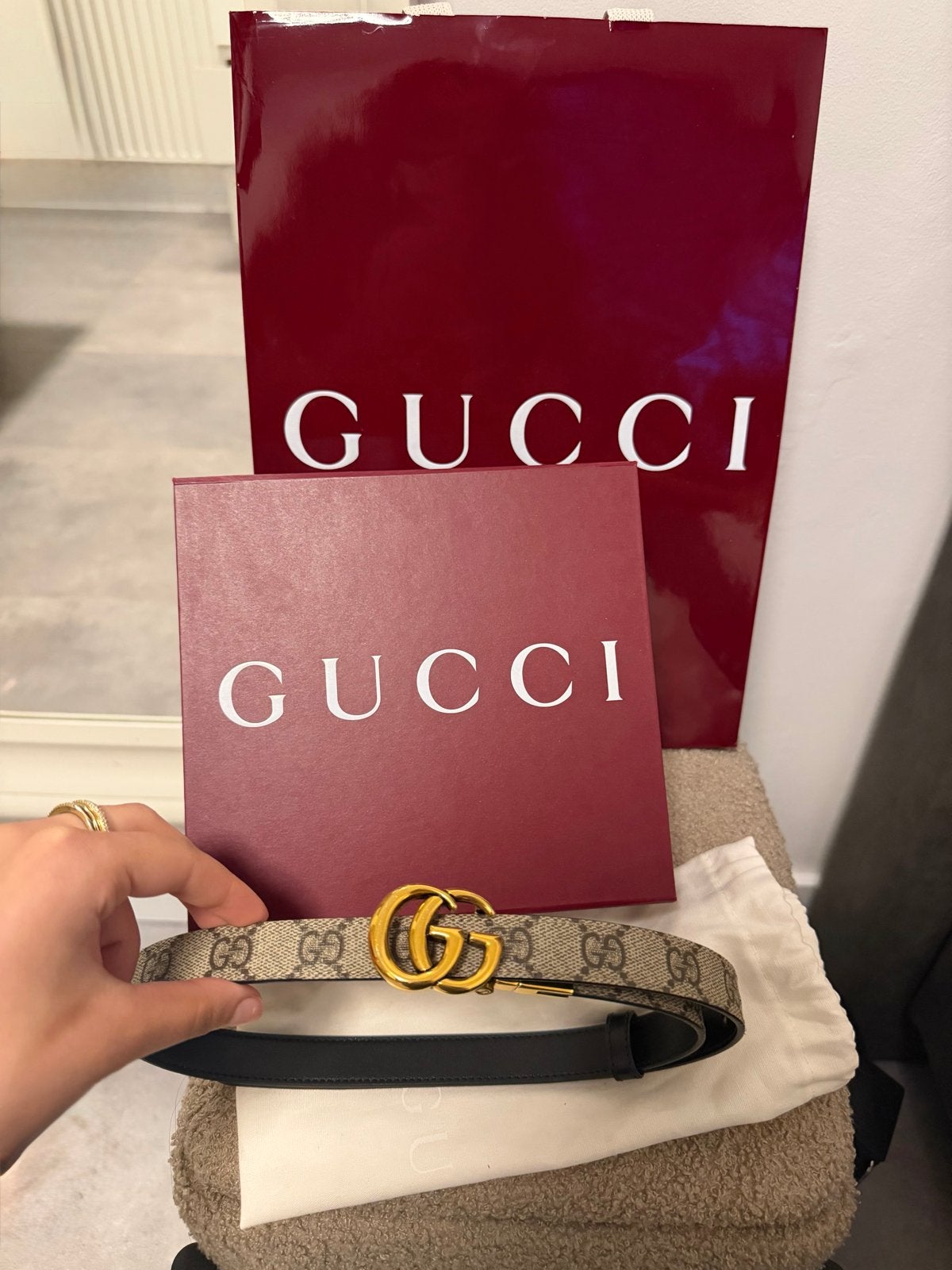 Gucci GG Marmont riem met dubbele G-gesp, 80 tot 90 cm, Echt leder, Nieuw, Heupriem