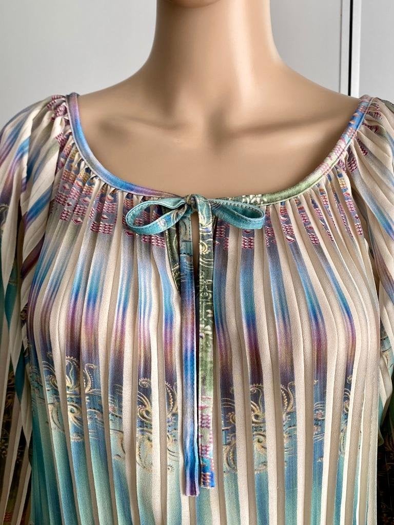 J414 Vango maat M=38/40 plisse-blouse beige/groen/blauw, Maat 38/40 (M), Beige, Ophalen of Verzenden, Zo goed als nieuw