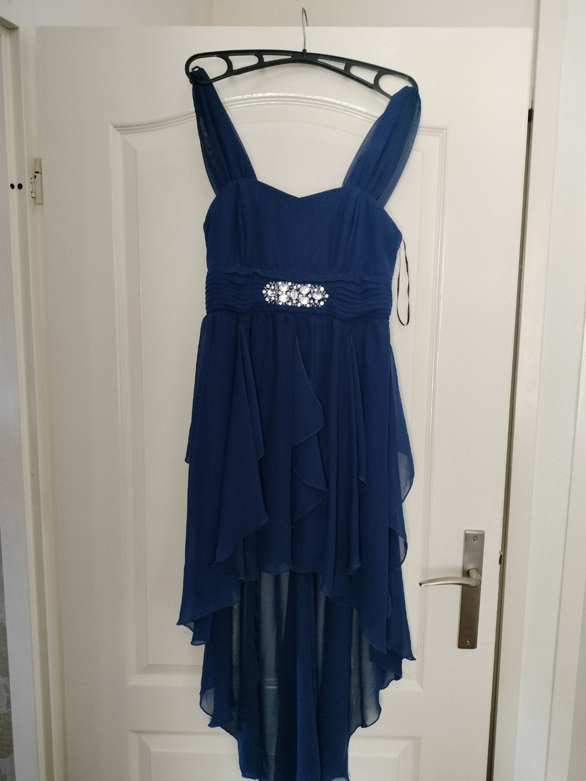 Middernachtsblauwe bodyflirt (gala)jurk high low getailleerd, Maat 38/40 (M), Bonprix, Nieuw, Boven de knie