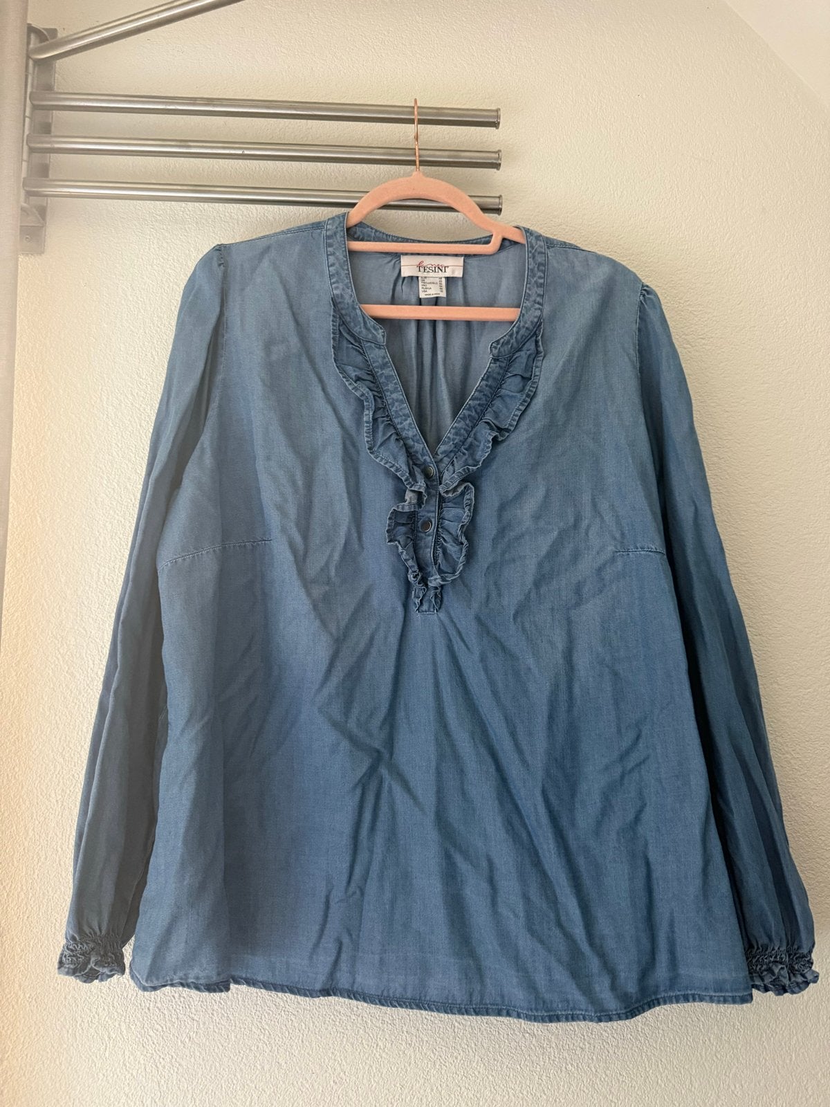 Mooie jeans blouse Linea Tesini rushes en gesmokt manchetten, Ophalen of Verzenden, Zo goed als nieuw, Maat 46/48 (XL) of groter