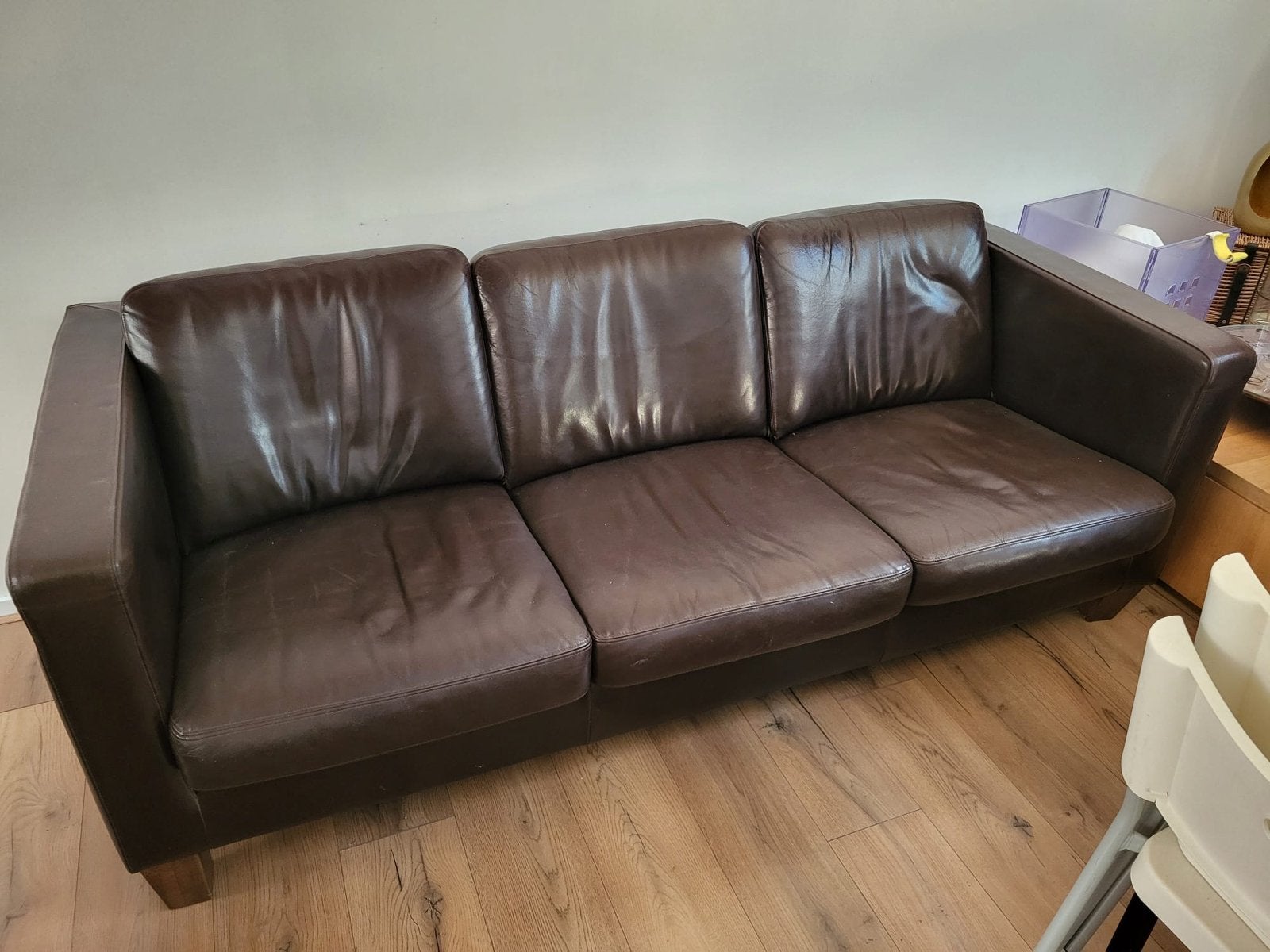 Italiaans lederen Bruine 2- en 3-zits bank met stoel en poef, Ophalen, Gebruikt, Rechte bank, 200 tot 250 cm