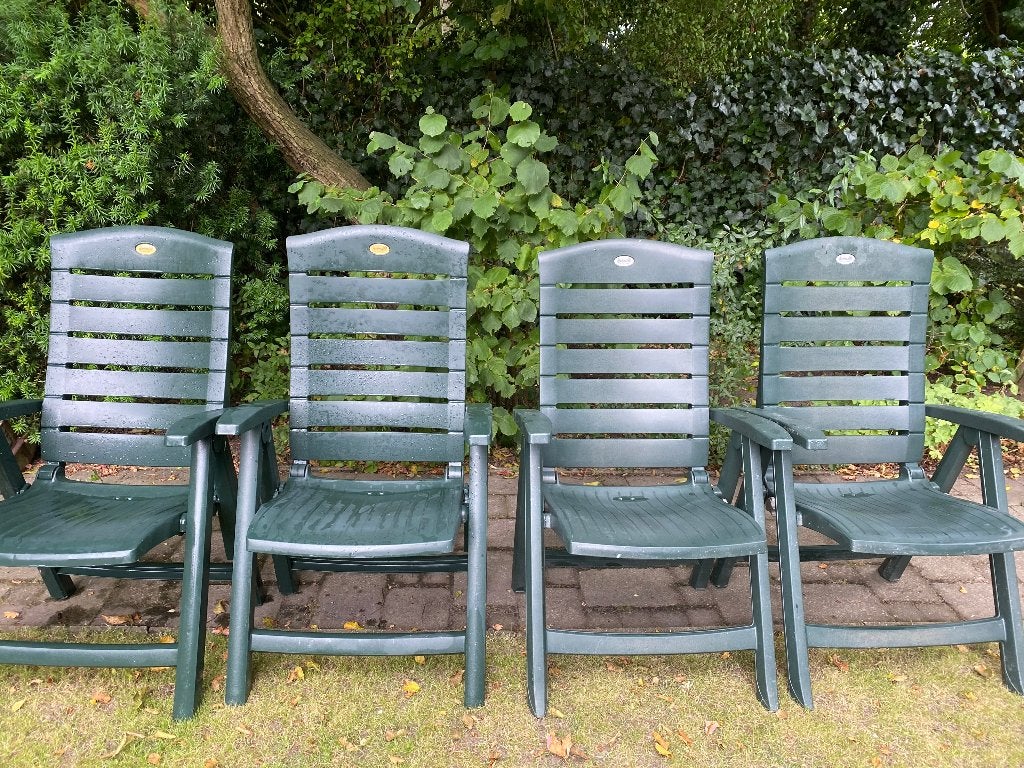4 tuinstoelen Hartman voor 10,-, Ophalen, Gebruikt, Kunststof, Verstelbaar