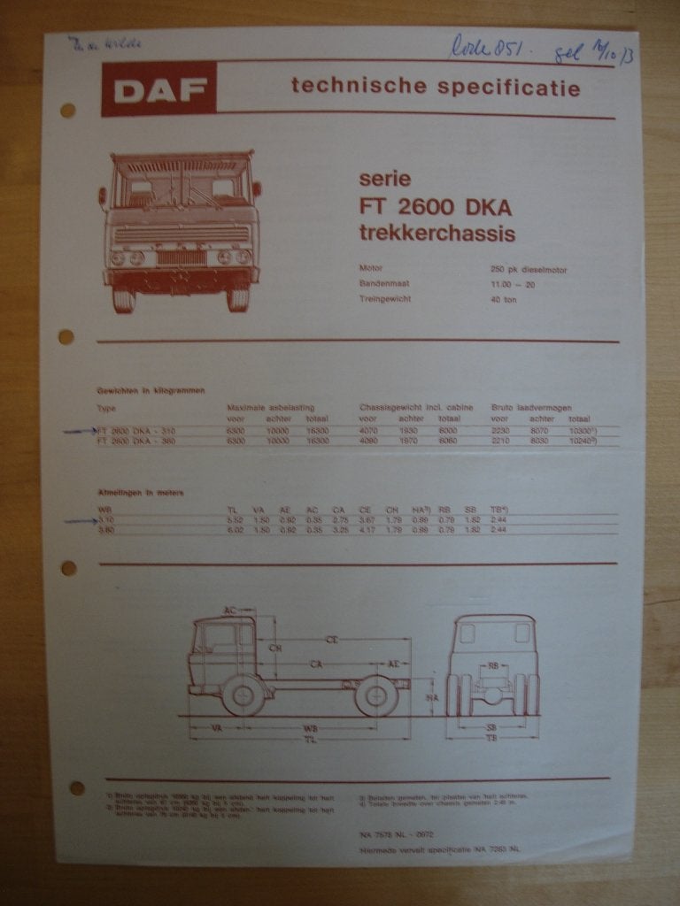 DAF FT 2600 DKA Technische Specificatie folder 1972 – 4x2, Boeken, Ophalen of Verzenden, Zo goed als nieuw, Overige merken, DAF