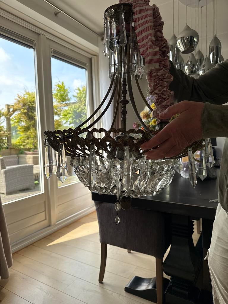 Vintage Kroonluchter met Kristallen, Huis en Inrichting, Lampen | Kroonluchters, Ophalen, Gebruikt, Glas