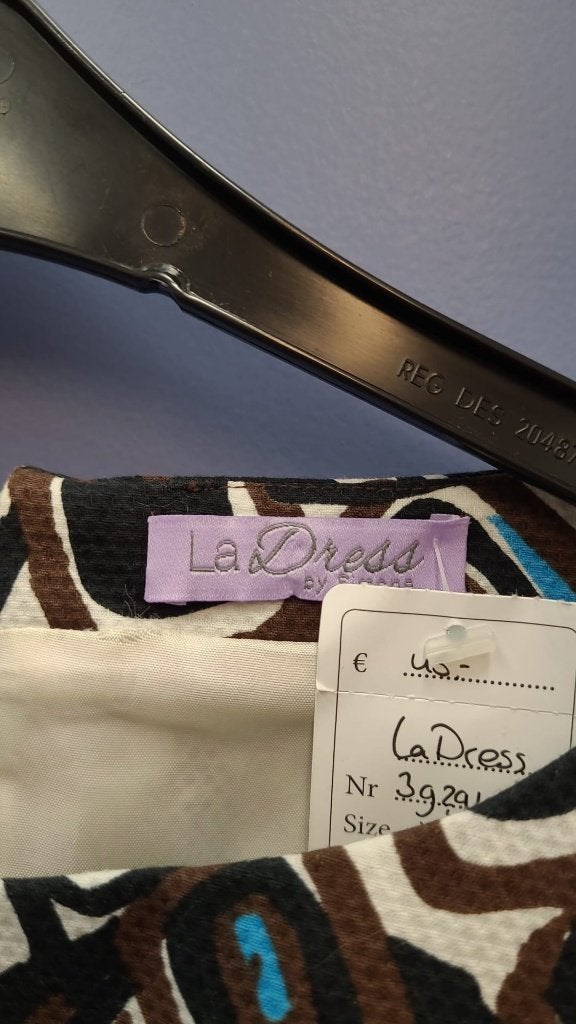 LaDress koker jurk blauw / wit / zwart + ceintuur XXS 39291, Kleding | Dames, Blauw, ., Ophalen of Verzenden, Zo goed als nieuw
