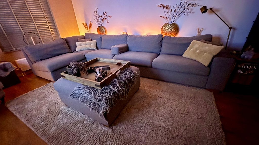 Zeer mooi grote Hoekbank met hocker (exclusief accesoires), Ophalen, Modern, Comfortabel, Gebruikt, 100 tot 125 cm
