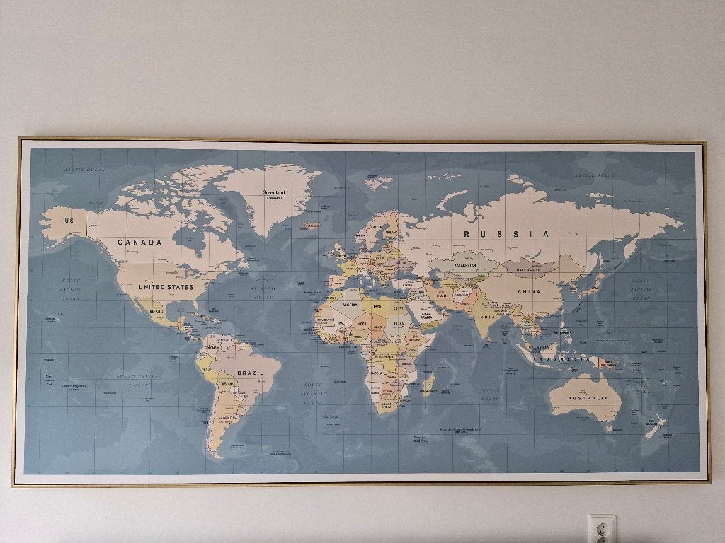 Grote Wereldkaart Schilderij 200x100 cm met Gouden Lijst, Huis en Inrichting, Ophalen, 125 cm of meer, Zo goed als nieuw, Schilderij