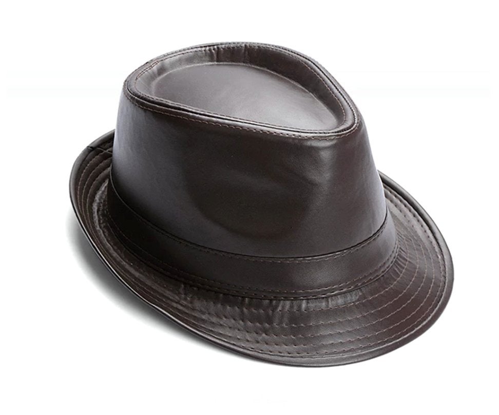 Bruine kunst leren hoed bruin leer heren dames fedora panama, Verzenden, Nieuw, Hoed