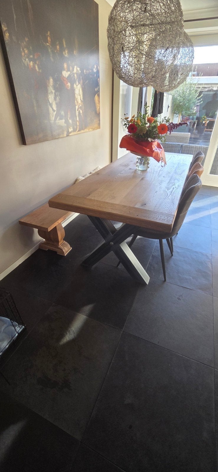 Eiken eethoek 90x220 cm met 3 stoelen en zitbank, Huis en Inrichting, Ophalen, Gebruikt, Minder dan 4 stoelen