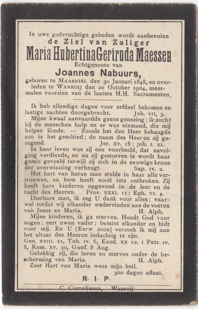 Maria Hubertina Maessen 1848 Maasniel + 1904 Wanroij, 56 jr, Verzenden