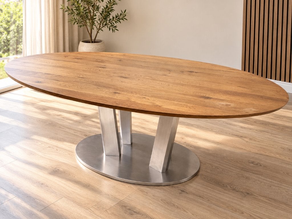 Ovale eettafel 220 cm – Mangohout – metalen designonderstel, Huis en Inrichting, Gebruikt, 100 tot 150 cm, Modern, industrieel, luxe design