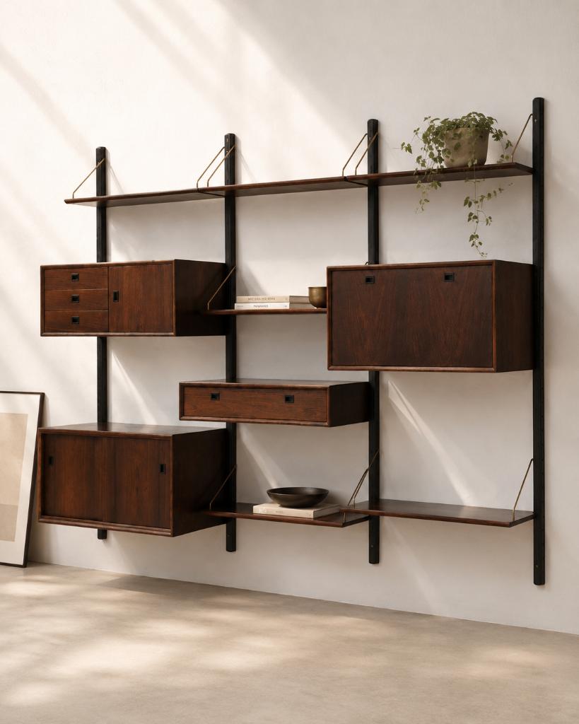 Modulaire wandkast in palissander, Huis en Inrichting, Kasten | Wandmeubels, Ophalen, 25 tot 50 cm, Minder dan 100 cm