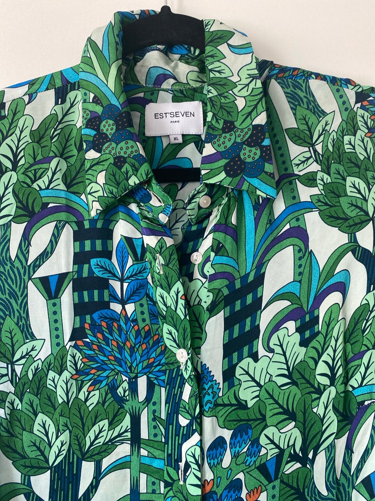 Est Seven Paris Zijden Jurk XL Groen Blauw Bloempatroon, Maat 42/44 (L), Ophalen of Verzenden, Gedragen, Onder de knie
