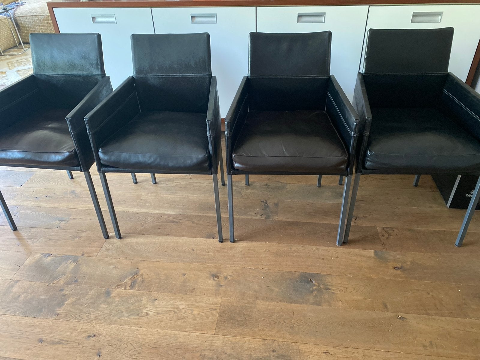 KFF Set van 4 zwarte leren eetkamerstoelen KFF model Texas, Ophalen, Gebruikt, Zwart, Leer