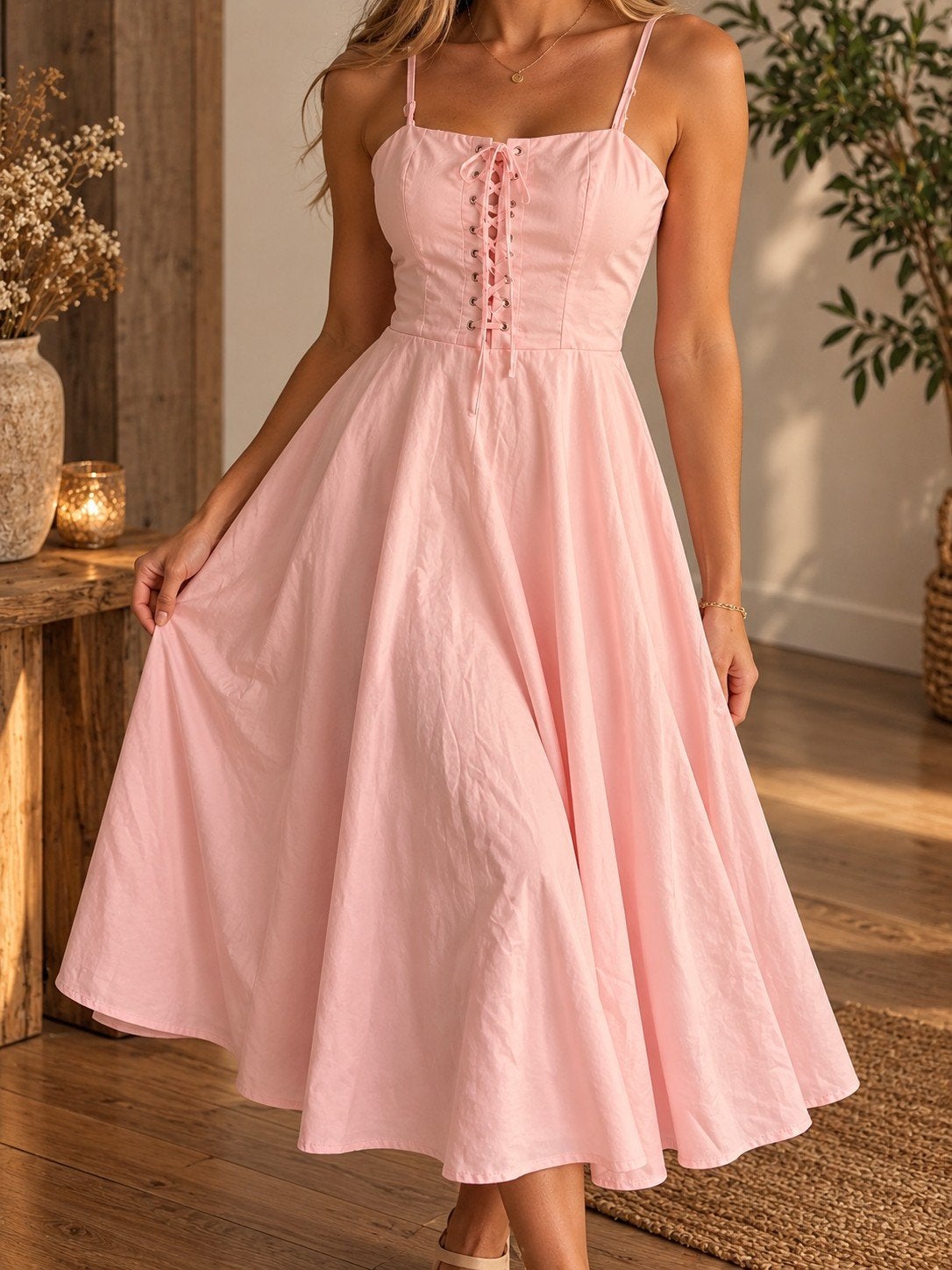 Roze midi jurk met veterdetail - Shein, Kleding | Dames, Ophalen of Verzenden, Zo goed als nieuw, Roze, Maat 36 (S)