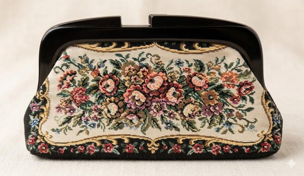 Petit point clutch bloemen – vintage avondtas, Overige merken, Gebruikt, Overige kleuren, Ophalen of Verzenden