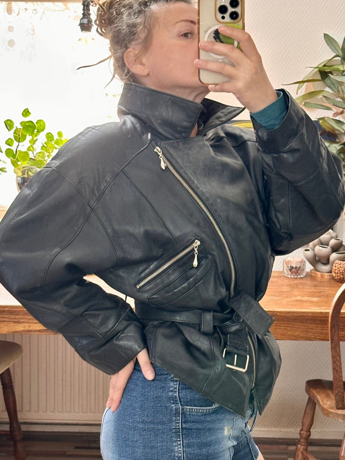 True Vintage Lamb Nappa Leather Oversized Biker Jacket S, Kleding | Dames, Jassen | Zomer, Ophalen of Verzenden, Zo goed als nieuw