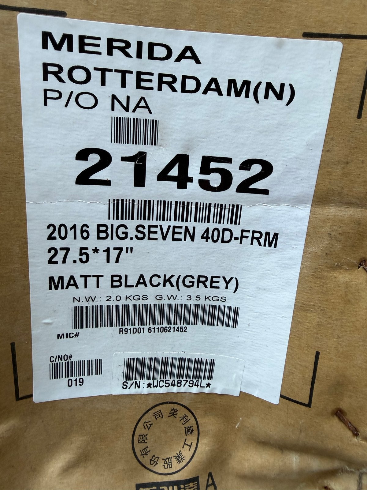 Merida Big.Seven 40D-FRM 27.5" 17" MTB Frame Mat Zwart, Fietsen en Brommers, Fietsonderdelen, Ophalen, Frame, Nieuw, Aluminium