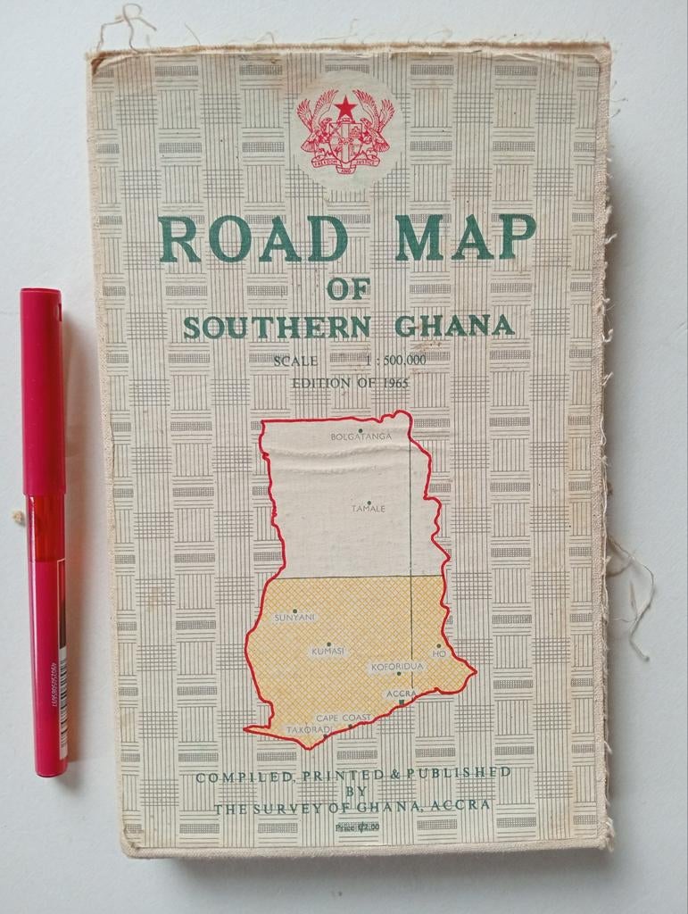 Landkaart Zuidelijk Ghana op linnen - 1970, Boeken, Gelezen, Overige gebieden, Ophalen of Verzenden, Landkaart