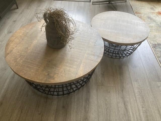 Salontafel vintage 2 delig met vergrijst houten tafelblad, Ophalen, 100 tot 150 cm, Rond, 50 tot 100 cm