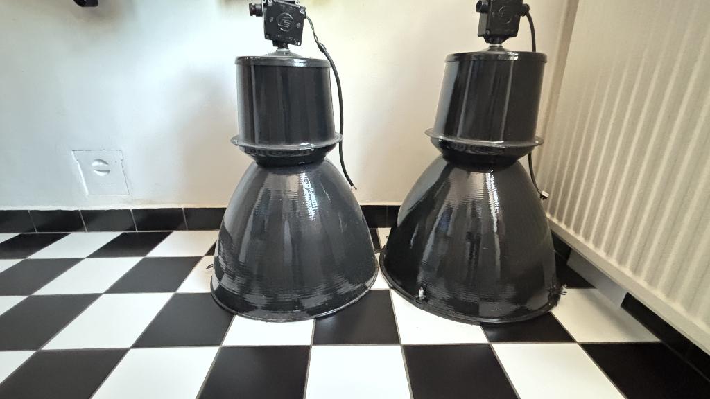 Grote industriële fabriekslampen (H 80cm, B 54cm) set van 2, Ophalen, Gebruikt, Industrieel Vintage Fabriekslamp, Glas
