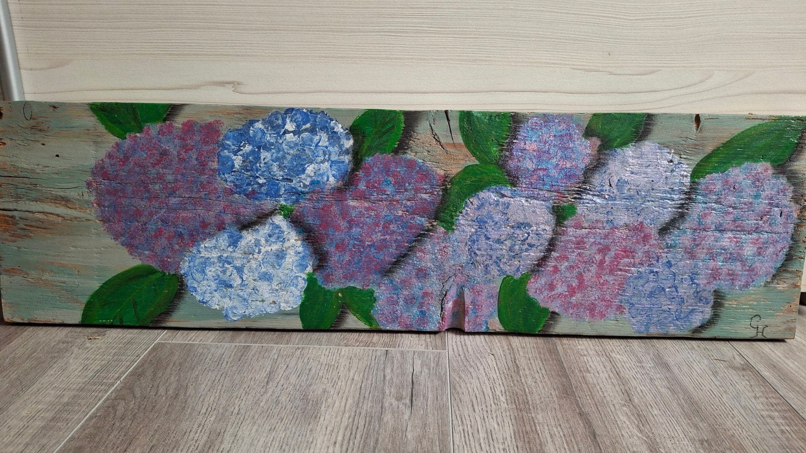 Houten paneel met hortensia's - Handgeschilderd, Ophalen