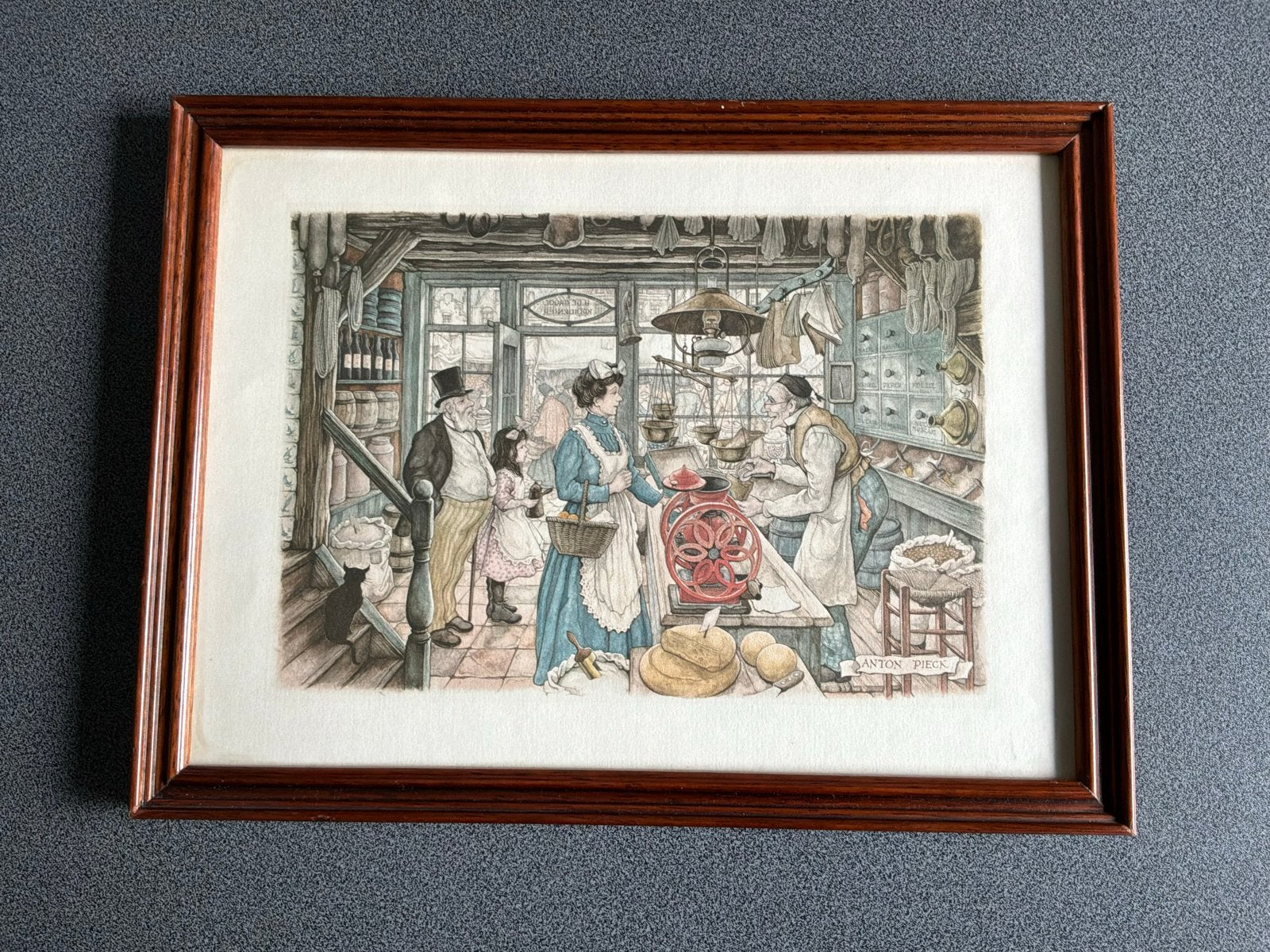 Anton Pieck print 'De Kruidenier' in lijst, Realistisch, Ophalen of Verzenden, Print, Ingelijst