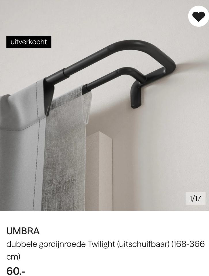Nieuw Umbra zwart dubbele Gordijnroede uitschuifbaar 168-366, Ophalen, Nieuw, Zwart, 200 cm of meer