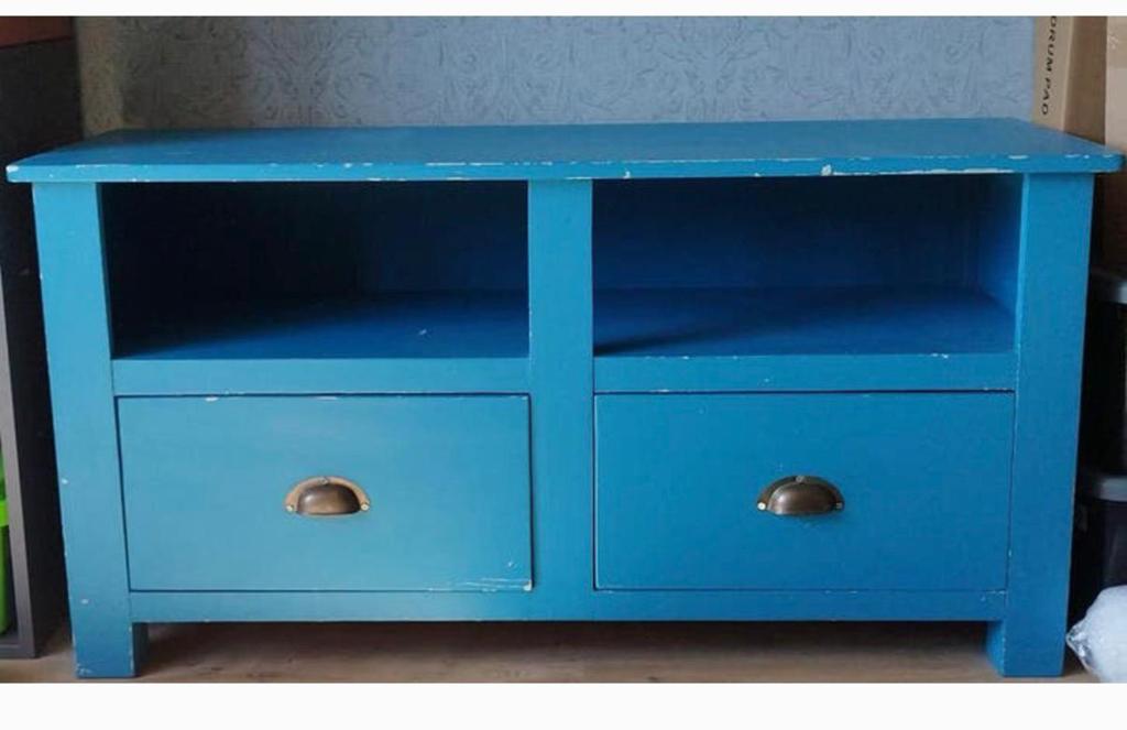 GRATIS Blauw houten tv-meubel met lades GRATIS!, Ophalen, Gebruikt, 100 tot 150 cm, Minder dan 100 cm