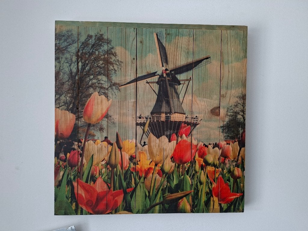 mooi grote wanddecoratie opdruk molen en tulpen op hout, Ophalen of Verzenden, Zo goed als nieuw, Handgemaakt