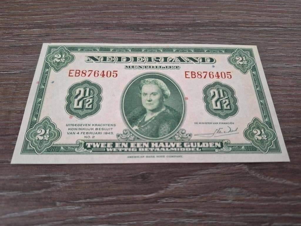 Bijna UNC biljet 2,5 gulden 1943 Wilhelmina, Ophalen of Verzenden, 1 gulden