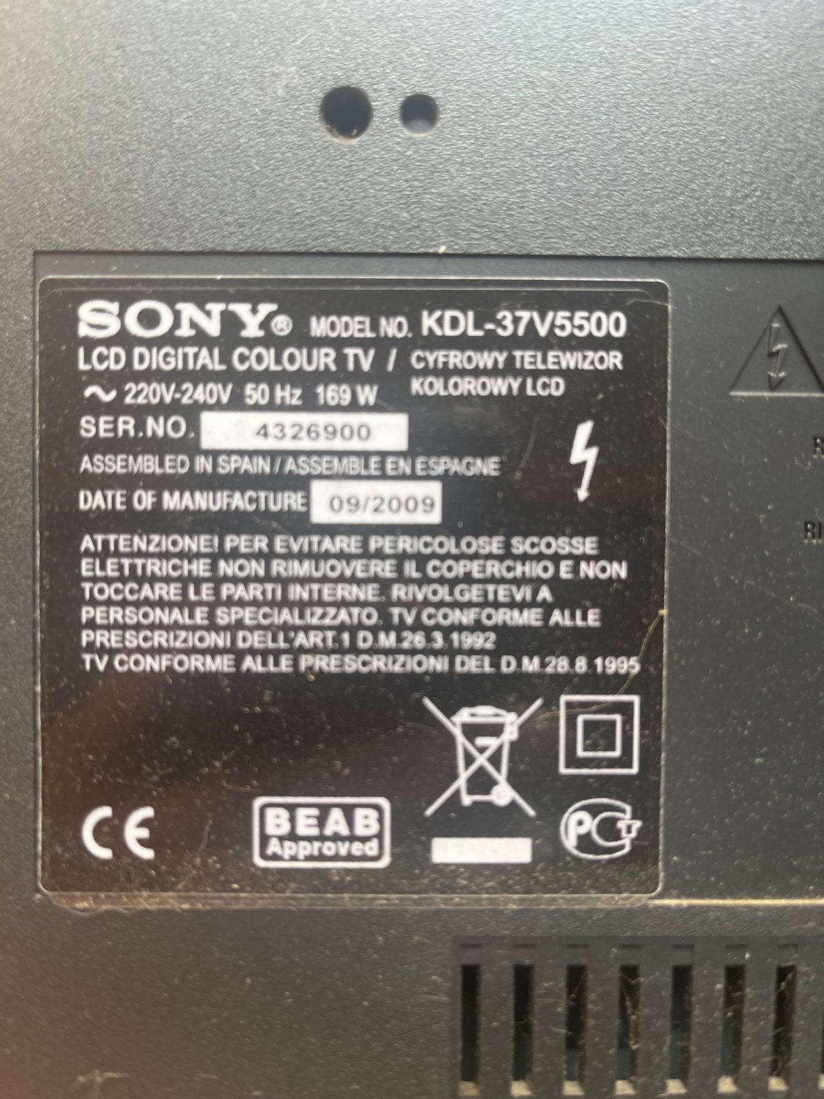 Sony Bravia KDL-37V5500 LCD TV - 37 inch, Ophalen, Gebruikt, 50 Hz, LCD