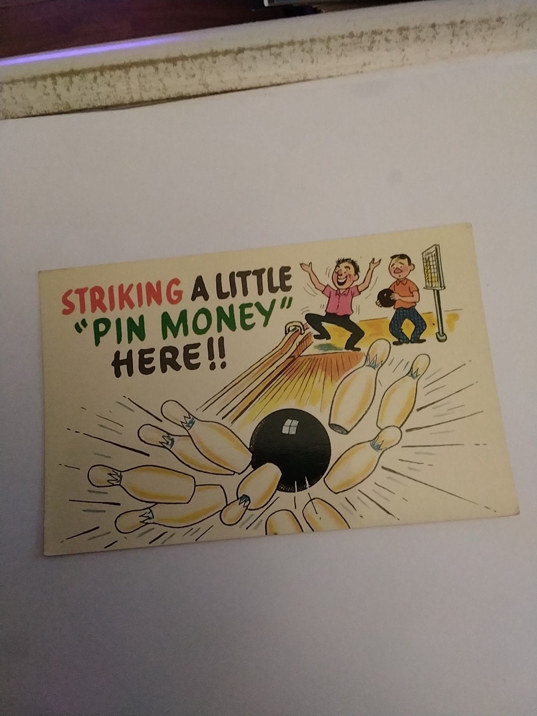 Vintage Ansichtkaart Bowling "Pin Money" Roff, Okla., Ophalen of Verzenden, 1960 tot 1980