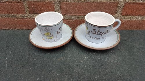 Kop en schotel, handwerk uit Haalderen, 2x van aardewerk, gr, Ophalen of Verzenden, 'T Olde Gre-j, Info@toldegrej.nl, Endepoelstraat 20f Didam