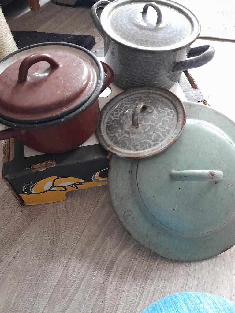 Set vintage brocante pannen en deksels, Ophalen of Verzenden