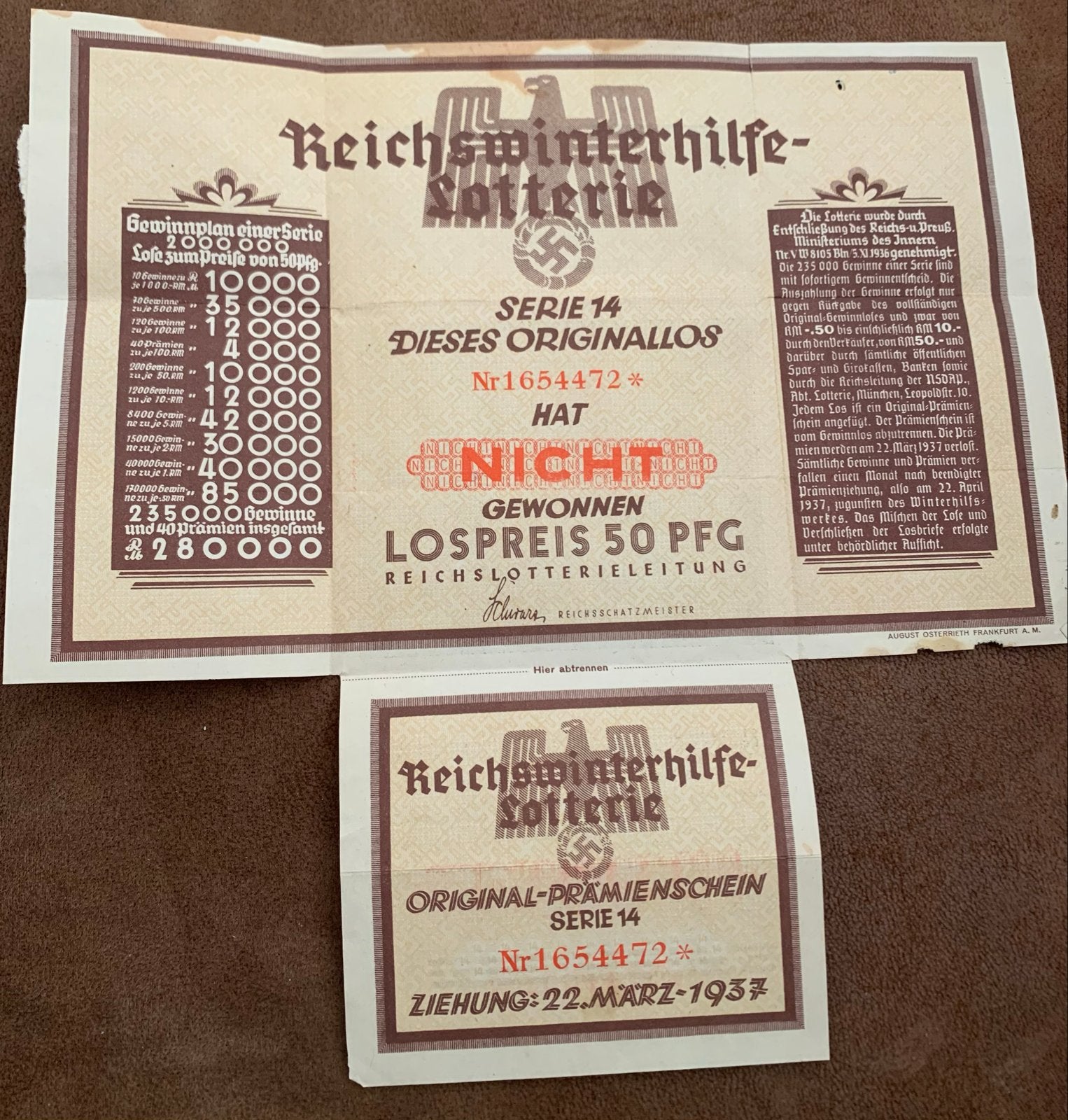 Reichswinterhilfswerk Loterijbiljet 1937 - Origineel, Ophalen of Verzenden