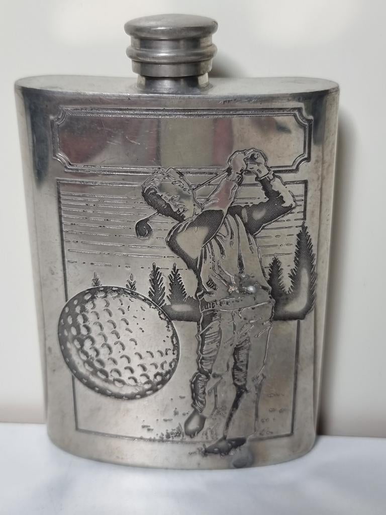 Vintage Engelse tinnen heupfles met golfmotief, Ophalen of Verzenden