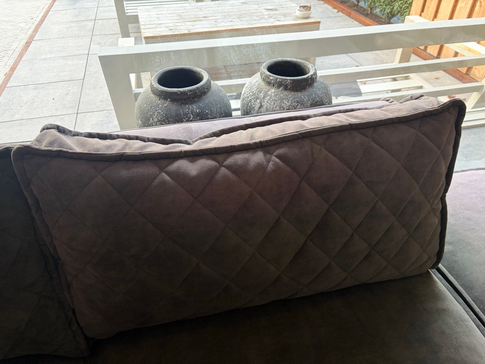 Comfortabele hoekbank, verkleurd door de zon, Ophalen, Gebruikt, Hoekbank, Stof