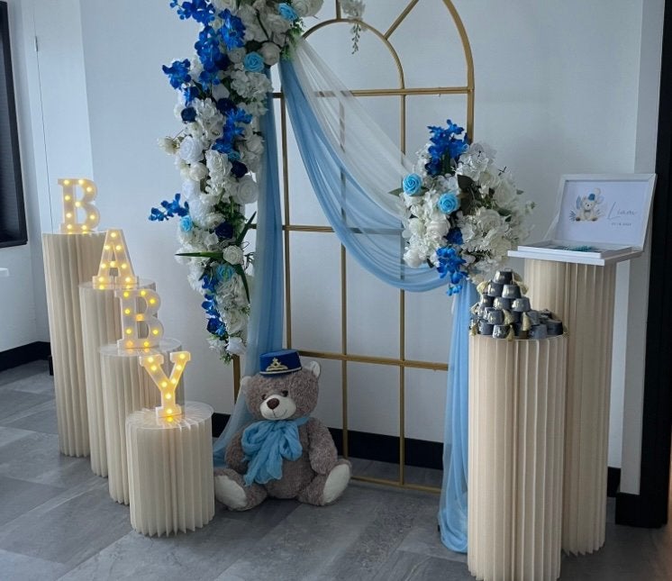 Blauwe backdrop voor een babyboy, Hobby en Vrije tijd, Feestartikelen | Verhuur, Ophalen, Zo goed als nieuw, Verjaardag