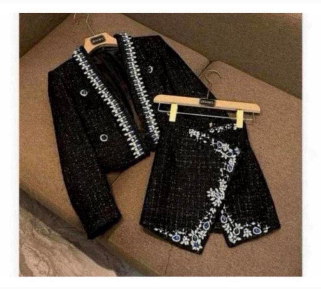 Handgemaakt kralen tweed blazer S + rok setje dames vrouwen, Zwart, Nieuw, Ophalen of Verzenden, H