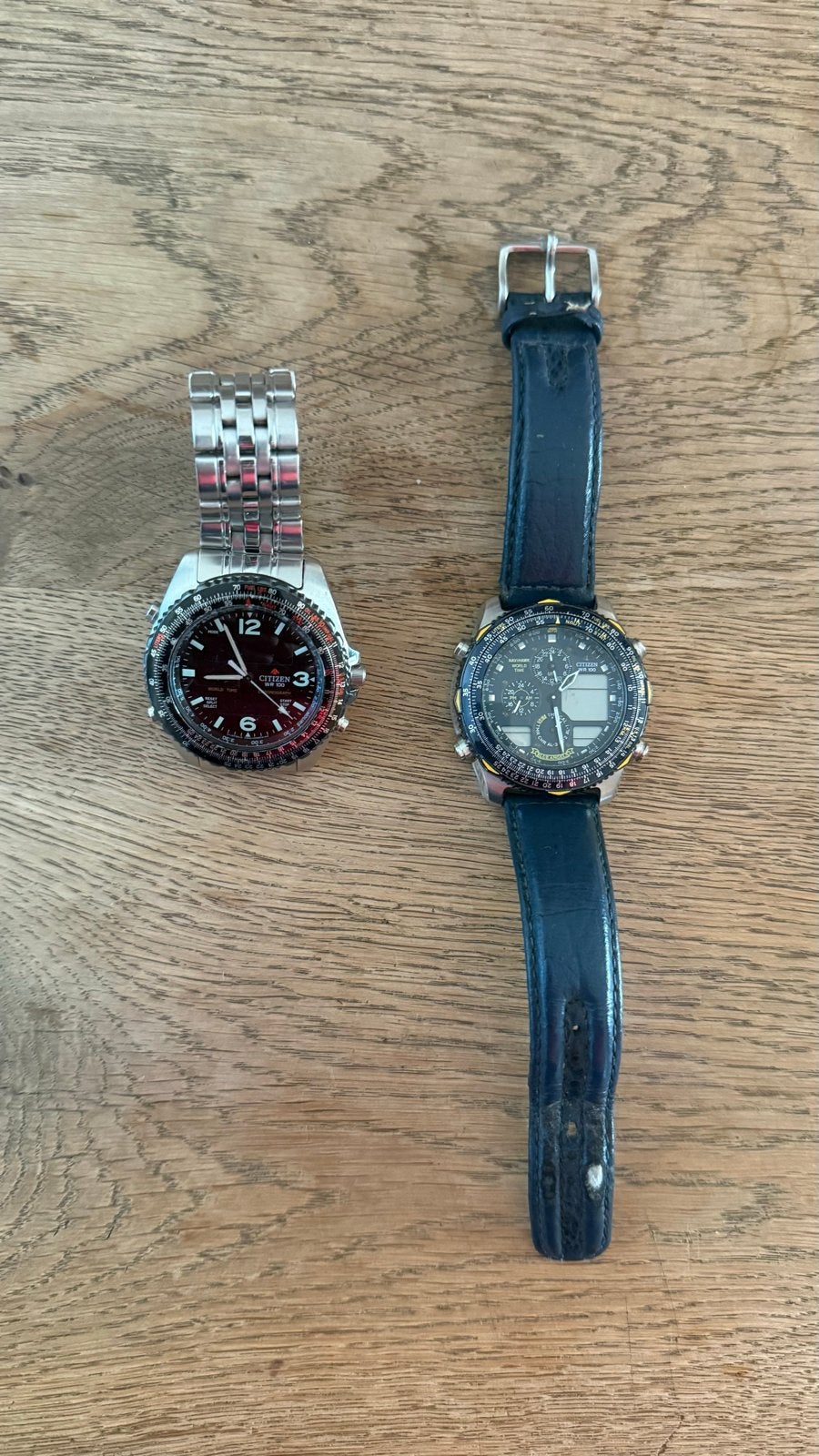 2x Citizen Navihawk: Blue Angels Edition & WT-100, Ophalen, Staal, Leer, Gebruikt